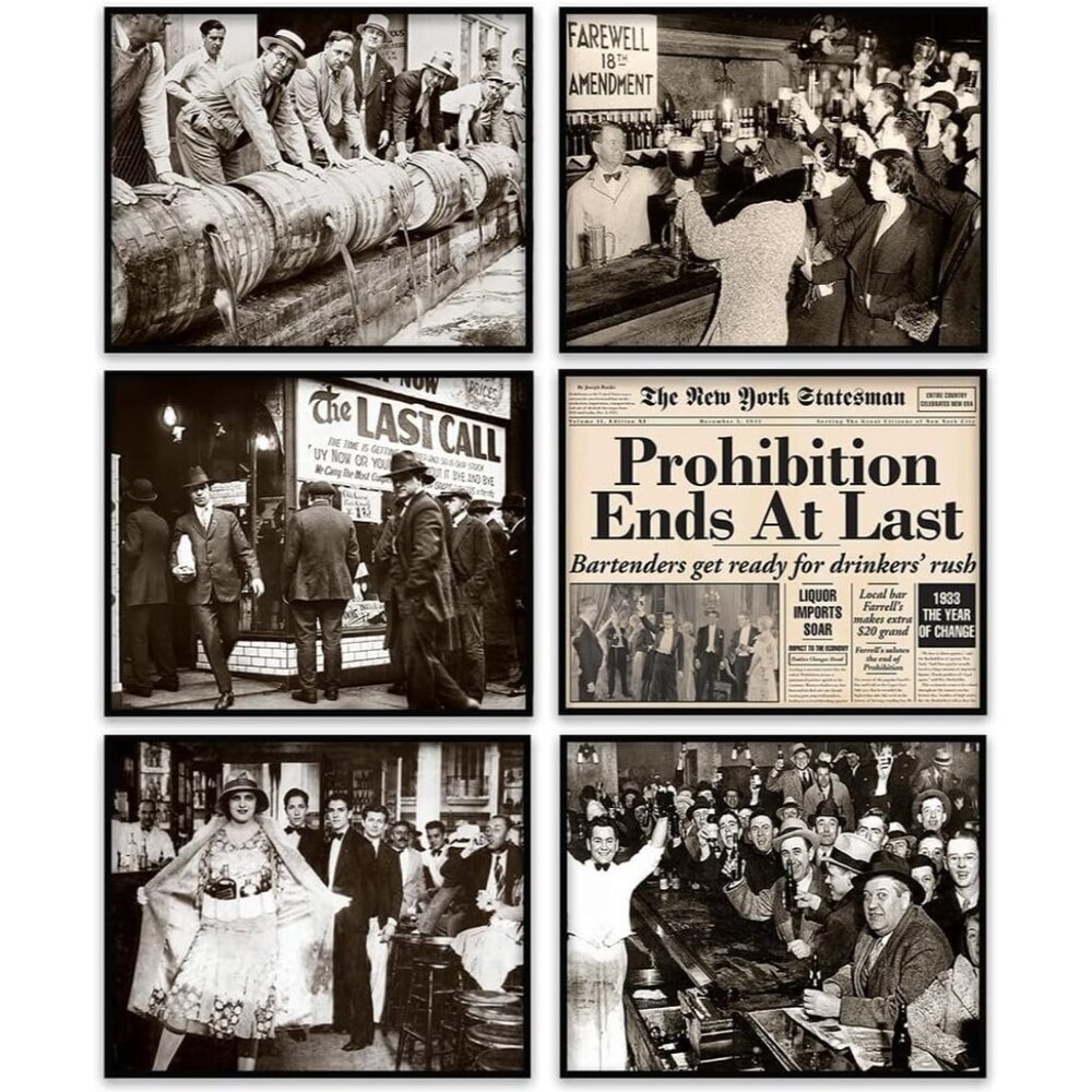 Vintage Prohibition Era Wall Art Set of 6 8x10 Unframed Posters–Sepia-Tone Histo
